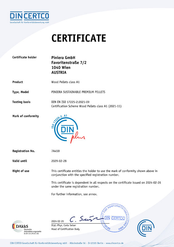 DINplus certificering # 7A459 - Piniera pellets