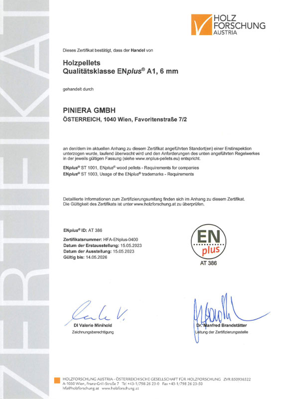 ENplusA1 certificering # AT 386 - Piniera pellets